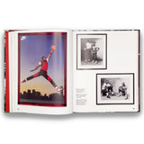 Open book showing a basketball player in action with black and white photos on a white background