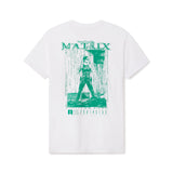 White t-shirt with green 'The Matrix' graphic design on a white background featuring Trinity from the movie The Matrix. Adult Mens Tee. Adult Women's tee shirt Academy Museum Exclusive Design with Brain Dead Studios Los Angeles