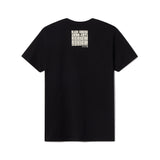 Black t-shirt with white text on the back against a white background