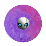 Vinyl Record with a metallic character design on a purple and pink marbled background