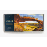 Open book showing a landscape illustration with arches and animals, titled 'Spirit'.