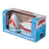 Jaws-themed ceramic salt and pepper shaker set in packaging