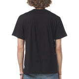 Person wearing a plain black t-shirt on a white background