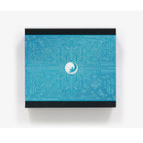 Blue geometric patterned box with a logo on a white background