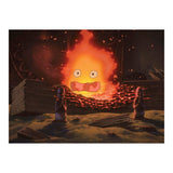 Animated character Calcifer from Howl's Moving Castle by Studio Ghibli with a fiery expression in a dark, industrial setting