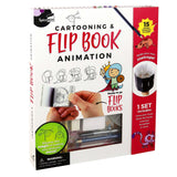 Cartooning & Flip Book Animation set packaging with illustrations and text on a white background