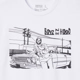 T-shirt with 'Boyz N The Hood' graphic design featuring a person leaning against a car. Adult Men's T-shirt. Adult Women's tee shirt top exclusive design from The Academy Museum Los Angeles 