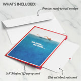 Greeting card with envelope on a marble surface, featuring text about included items.  JAWS 50th Anniversary Greeting Card 