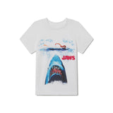 White t-shirt with 'Jaws' shark graphic and text on a white background