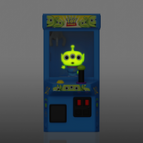Toy Story-themed arcade machine with a green alien figure on a gray background