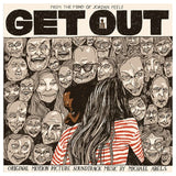 Movie poster for 'Get Out' with a woman in a striped shirt surrounded by faces, from the mind of Jordan Peele.
