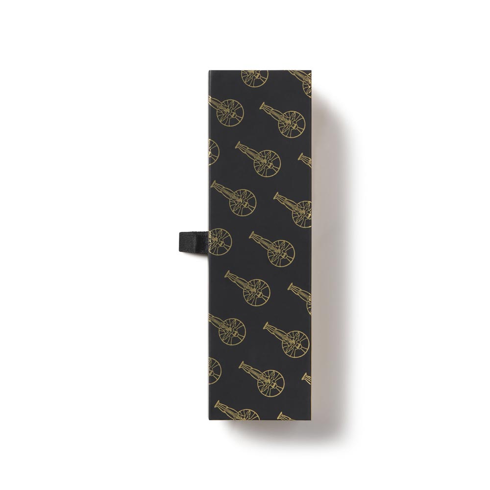 Black and gold gift box featuring the Oscar Statuette design repeated all over the box