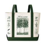 Tote bag with green text and illustrations on a white background