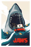 Illustration of a shark with an open mouth, showing teeth, and a ship inside, with 'JAWS' text below.Officially Licensed JAWS (1975) Artist Edition Postcards by Mondo. Featuring the ORCA being attacked from behind by the great white shark JAWS.  Art by Danny Haas