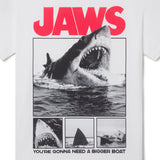 T-shirt with 'JAWS' graphic featuring a shark and text on a white background