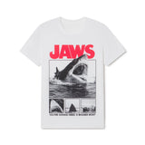 White t-shirt with 'JAWS' graphic design featuring a shark and text on a white background