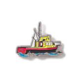 Colorful boat-shaped badge on a white background