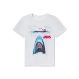 White t-shirt with Jaws graphic design on a white background Youth sized tshirt for kids featuring JAWS for the 50th Anniversary of the movie