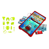 Board game set with shark-themed board, cards, and colorful player pieces on a white background