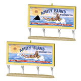 Two 'Amity Island' billboards with a woman in a bikini and a shark, set against a white background.