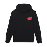 Black hoodie with 'JAWS' logo on the back against a white background