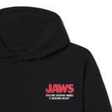Black hoodie with 'JAWS' text design on a white background