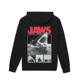 Black hoodie with 'JAWS' graphic on the back featuring a shark and movie title.
