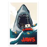 Poster of a shark with an open mouth JAWS in front of the boat ORCA.Screen printed poster by illustrator and artist Danny Haas — created in collaboration with Mondo and available exclusively at The Academy Museum for the 50th anniversary of the movie JAWS (1975)