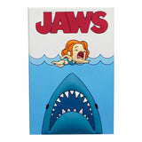 Cartoon-style 'Jaws' poster with a shark and a screaming person in the water.