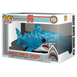 Funko POP!™ Movies JAWS® Super Great White Shark 50th Anniversary | ACADEMY MUSEUM Blue great white shark bobblehead toy in a Funko box with the 50th anniversary logo