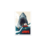 Poster of a shark attacking a boat with 'JAWS' text on a white background. Officially Licensed JAWS (1975) Artist Edition Postcards by Mondo. Featuring the ORCA being attacked from behind by the great white shark JAWS. 