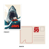 Jaws-themed postcard with shark illustration on front and 'Jaws 50th Anniversary' text on back