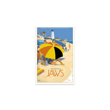 Movie poster for 'Jaws' featuring a beach scene with an umbrella and lighthouse. Officially Licensed JAWS (1975) Artist Edition Postcards by Mondo. Featuring a holiday beach scene from the movie. 