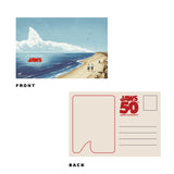 Jaws-themed postcard with beach scene on front and 'Jaws 50th Anniversary' design on back