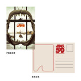 Jaws-themed postcard with shark mouth design and 'Jaws' text on front, 'Jaws 50th Anniversary' text on back.