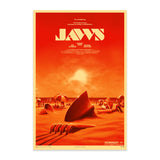 Vintage 'Jaws' movie poster with a red and orange color scheme. "JAWS" Screen print limited poster print by artist Matt Ryan Tobin and CODA Jaws 50th Anniversary Limited Edition Poster Academy Museum Screen Printed Numbered Limited Edition Poster Curated by CODA