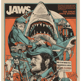 Vintage-style poster of a shark attacking a beach scene with text and characters. "Quint" Robert Shaw Screen Print by artist Tyler Stout and CODA Jaws 50th Anniversary Limited Edition Poster Academy Museum