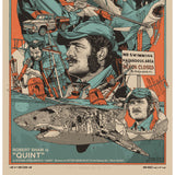 Collage-style poster featuring a man with a mustache, shark, and various elements related to 'Jaws'. "Quint" Robert Shaw Screen Print by artist Tyler Stout and CODA Jaws 50th Anniversary Limited Edition Poster Academy Museum