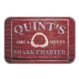 Red tin with 'Quint's Orca Mints Shark Charter' text and shark tooth graphic on a white background