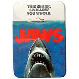 Jaws movie poster with shark and text on a white background Get ready for a sweet adventure with JAWS Amity Island Sours! Enjoy sour shark tooth candies in a collectible tin that celebrates the iconic Jaws movie.