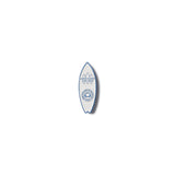Small blue and white surfboard-shaped lapel pin on a white background featuring the Amity Island Surf Shop[ Logo from the movie JAWS 50th Anniversary Exclusive Lapel Pin Academy Museum Store Los Angeles.