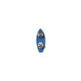 Blue surfboard-shaped pin backing view on a white background