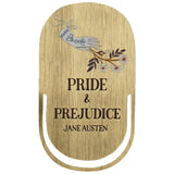 Metal bookmark with 'Pride & Prejudice' by Jane Austen text and decorative elements on a white background.Enhance your literary experience with the Pulteney Press Bookmark Metal. Featuring exquisite engravings from Pride and Prejudice, it's a perfect blend of art and function.