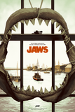 Movie poster for 'Jaws' with a shark mouth framing a harbor scene.