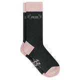 Black socks with pink accents and text on a white background