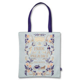Tote bag with 'Pride & Prejudice' design featuring Jane Austen text and illustrations on a light blue background.
