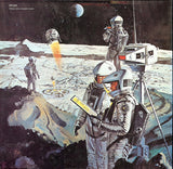 Artistic depiction of astronauts on the moon with lunar module and equipment.