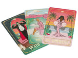 Three tarot cards with colorful designs and text on a white background