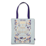 Tote bag with 'Pride & Prejudice' design featuring Jane Austen text and illustrations on a light blue background.