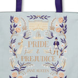 Tote bag with 'Pride & Prejudice' design featuring characters and decorative elements on a light blue background.